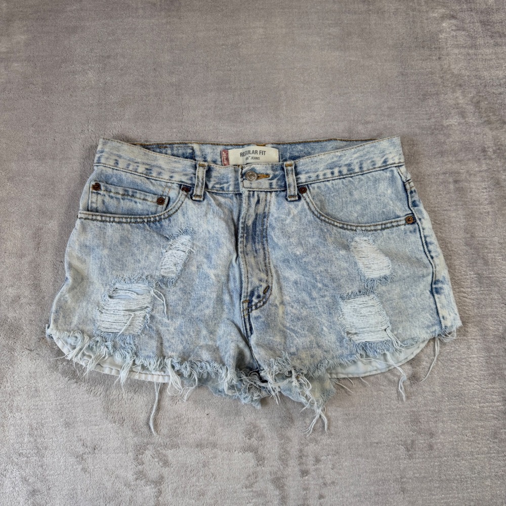 Vintage Levis Shorts Women 33 Blue 505 Regular Fit Distressed Cut Off Acid Wash